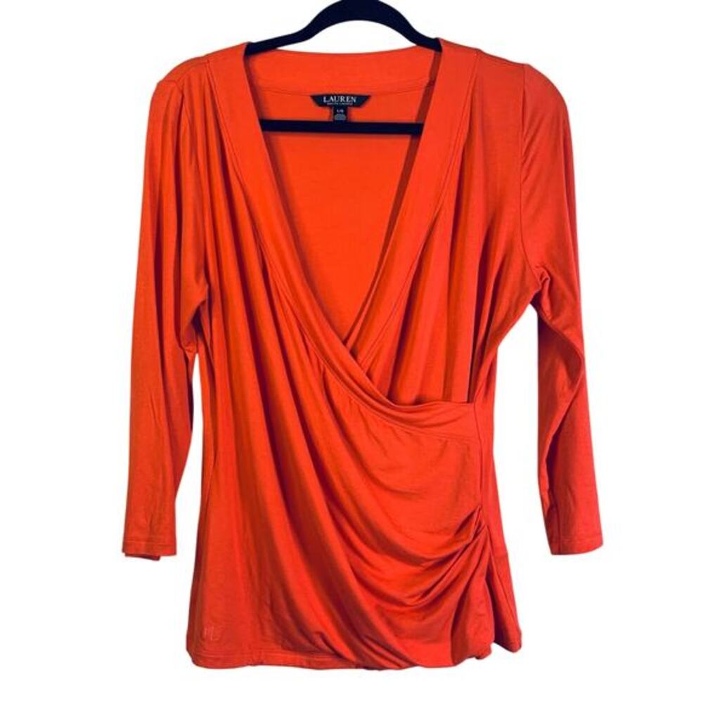 LAUREN RALPH‎ LAUREN Blouse Large Faux Wrap Draped 3/4 Sleeve RLL Embroidered